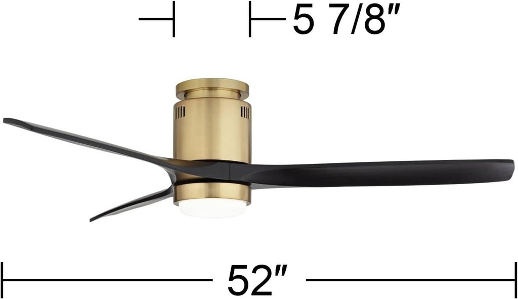 Casa Vieja 52' Windspun Modern Indoor Ceiling Fan 3 Blade LED Light Remote Control Soft Brass Finish Motor Matte Black Finish Wood Blades Bedroom Living Room Office Hugger DC Motor Flush Mount