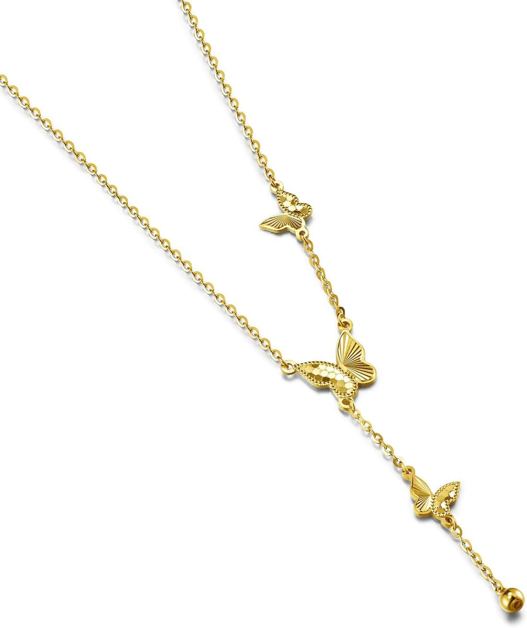 FANCIME 14K Solid Yellow Gold Double Butterfly Y Shape Pendant Necklace Diamond Cut Design Fine Jewelry Gift for Women, With 16+2' Solid Gold Cable Chain