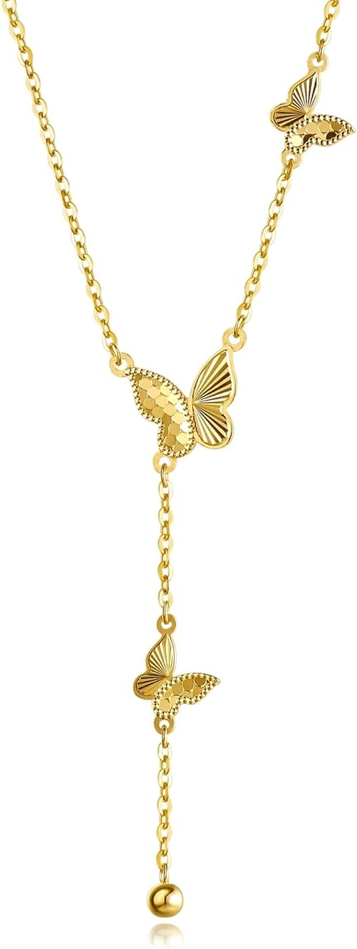 FANCIME 14K Solid Yellow Gold Double Butterfly Y Shape Pendant Necklace Diamond Cut Design Fine Jewelry Gift for Women, With 16+2' Solid Gold Cable Chain