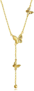 FANCIME 14K Solid Yellow Gold Double Butterfly Y Shape Pendant Necklace Diamond Cut Design Fine Jewelry Gift for Women, With 16+2' Solid Gold Cable Chain