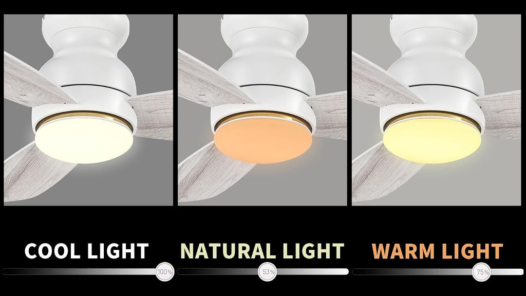 Carro 44 Inches White Ceiling Fan with Light Flush Mount, DC 10 Speeds Silent Ceiling Fan with Remote, 3 Dual Finish Blades, 3 Light Colors Dimmable, for Living Room, Bedroom