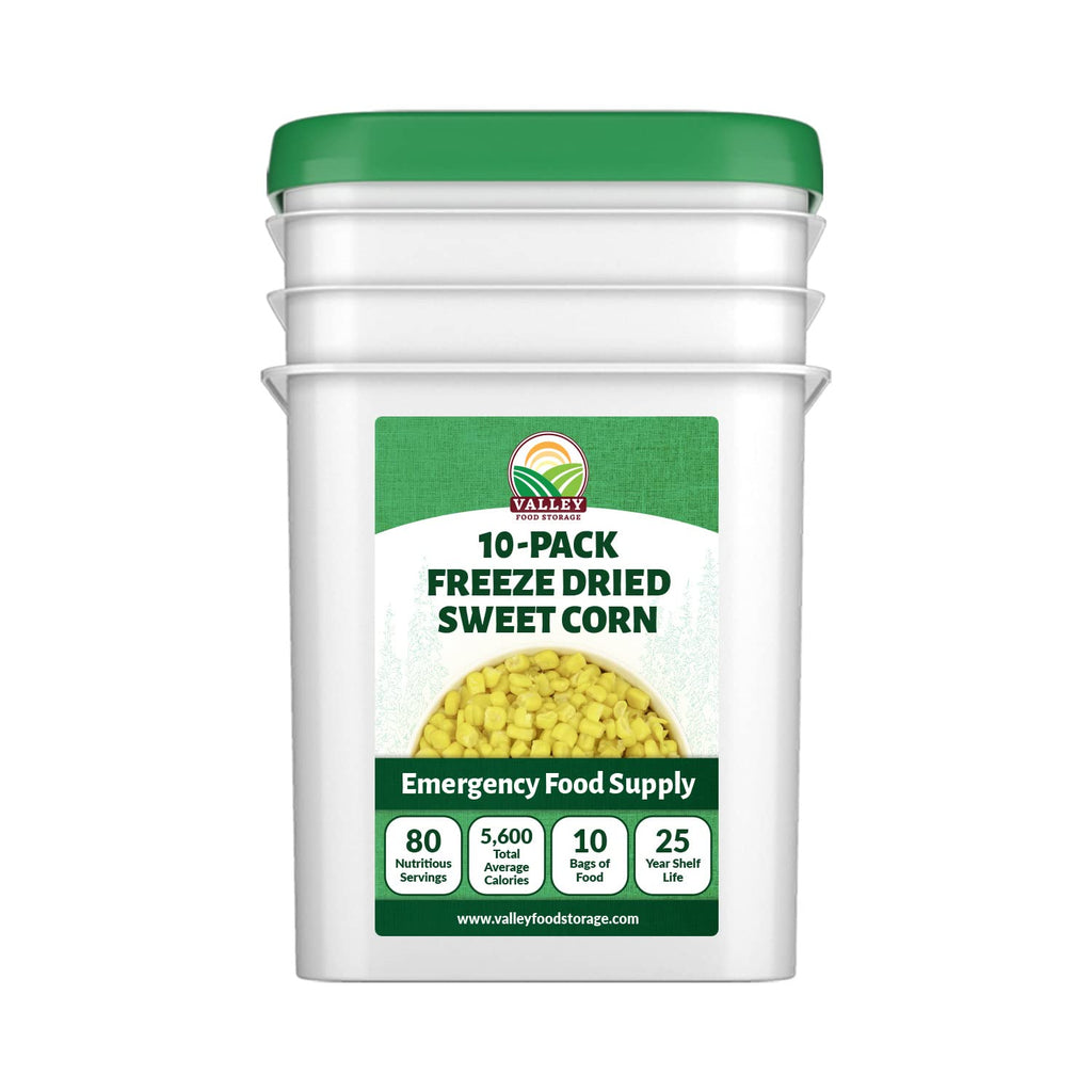 Valley Food Storage Freeze Dried Sweet Corn | 10-Bag Bucket, 56 oz | Premium Emergency Food Supply, 25 Year Shelf Life | Long Term Food Storage, Camping Meals & Prepper Supplies | Packaged in USA