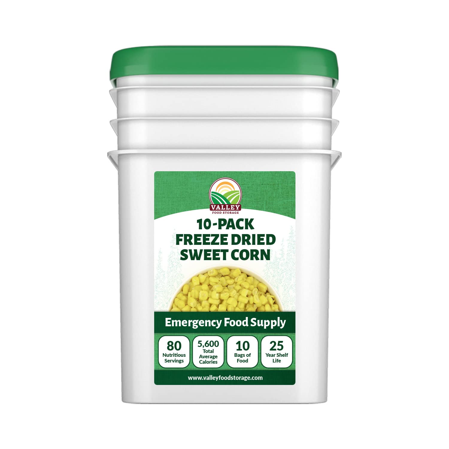 Valley Food Storage Freeze Dried Sweet Corn | 10-Bag Bucket, 56 oz | Premium Emergency Food Supply, 25 Year Shelf Life | Long Term Food Storage, Camping Meals & Prepper Supplies | Packaged in USA