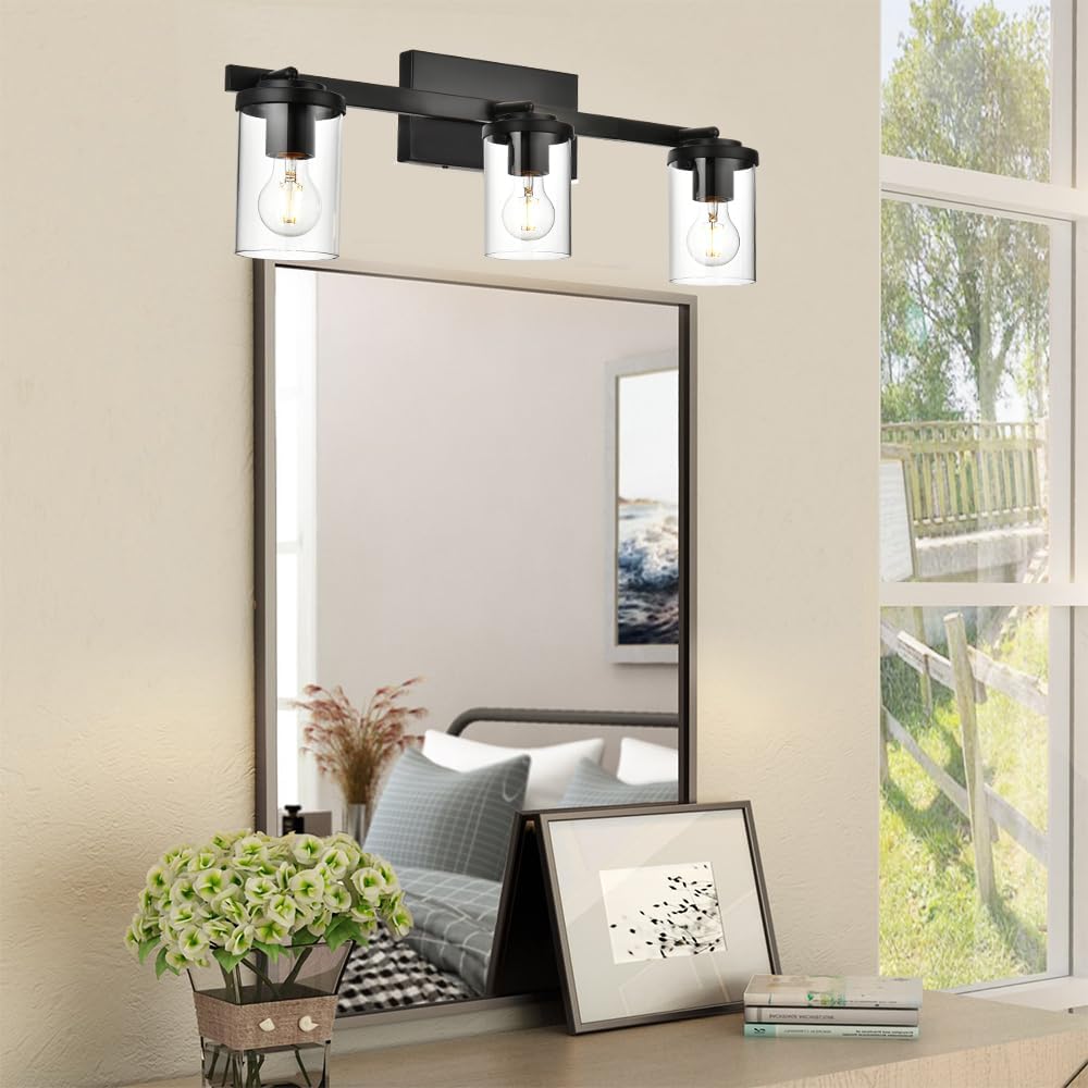BONLICHT Industrial Vintage Indoor Wall Mount Spotlight 3 Light Modern Semi Flush Mount Ceiling Light Black Adjustable Track Lighting Kit Rustic Bathroom Vanity Light Fixture with Clear Glass Shade