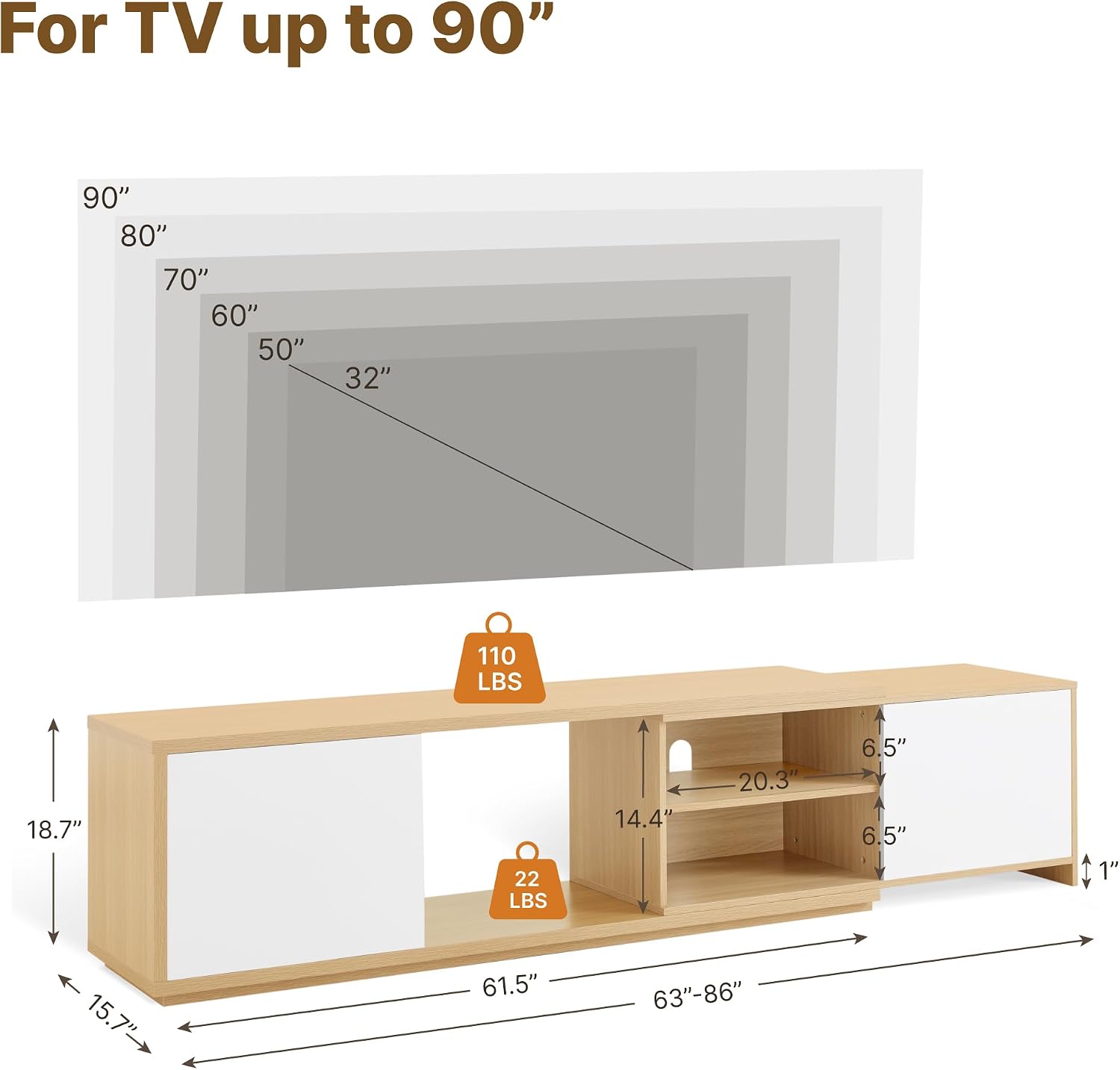 KISLOT Extendable TV Stand for TVs up to 90',Modern Entertainment Center with Adjustable Shelf,Television Stand with 2 Storage Cabinets,Wooden TV Media Console for Living Room Bedroom Natural Oak