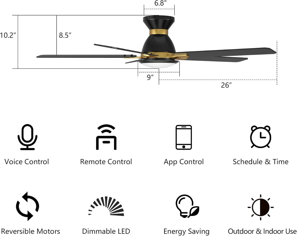 SMAAIR Smart Ceiling Fans with Lights, 52 Inch Low Profile Ceiling Fan with Remote/App/Voice Control via Alexa/Google Assistant/Siri, Flush Mount Modern Ceiling Fans for Bedroom, Reversible,Black/Gold