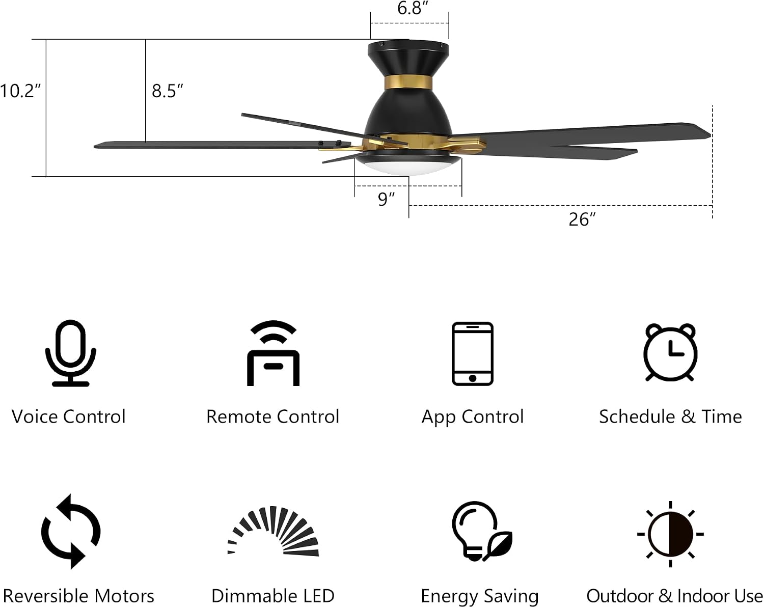 SMAAIR Smart Ceiling Fans with Lights, 52 Inch Low Profile Ceiling Fan with Remote/App/Voice Control via Alexa/Google Assistant/Siri, Flush Mount Modern Ceiling Fans for Bedroom, Reversible,Black/Gold