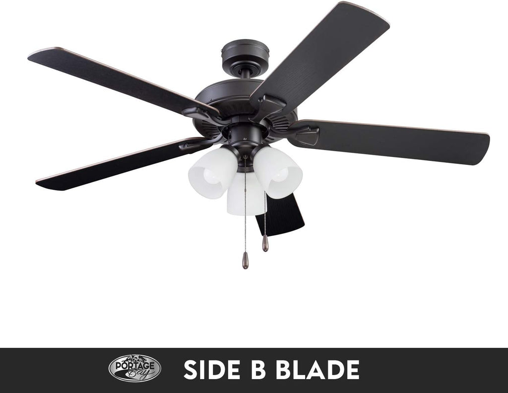 Portage Bay Ceiling Stannor 52' Bronze Indoor Fan with Frosted 3 Light LED Multi Arm E26/A15 Bulb and Pull-Chains, Traditional Style, 5 Reversible Barnwood/Northern Ebony Blades, 51434