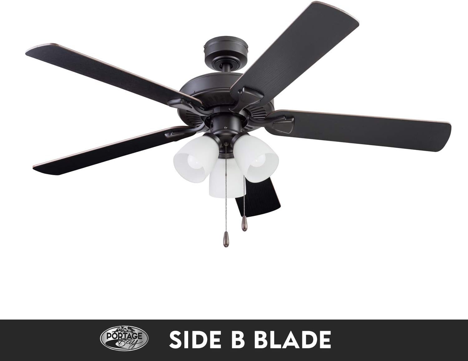 Portage Bay Ceiling Stannor 52' Bronze Indoor Fan with Frosted 3 Light LED Multi Arm E26/A15 Bulb and Pull-Chains, Traditional Style, 5 Reversible Barnwood/Northern Ebony Blades, 51434