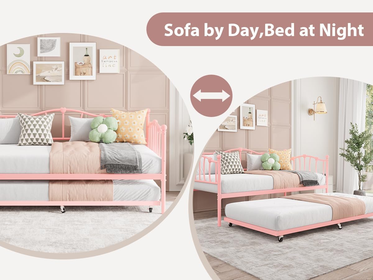 GarveeHome Twin Daybed with Trundle, Metal Sofa Bed Frame with Steel Slat Support, for Living Room, Bedroom, Love Heart Design, No Box Spring Needed, Pink