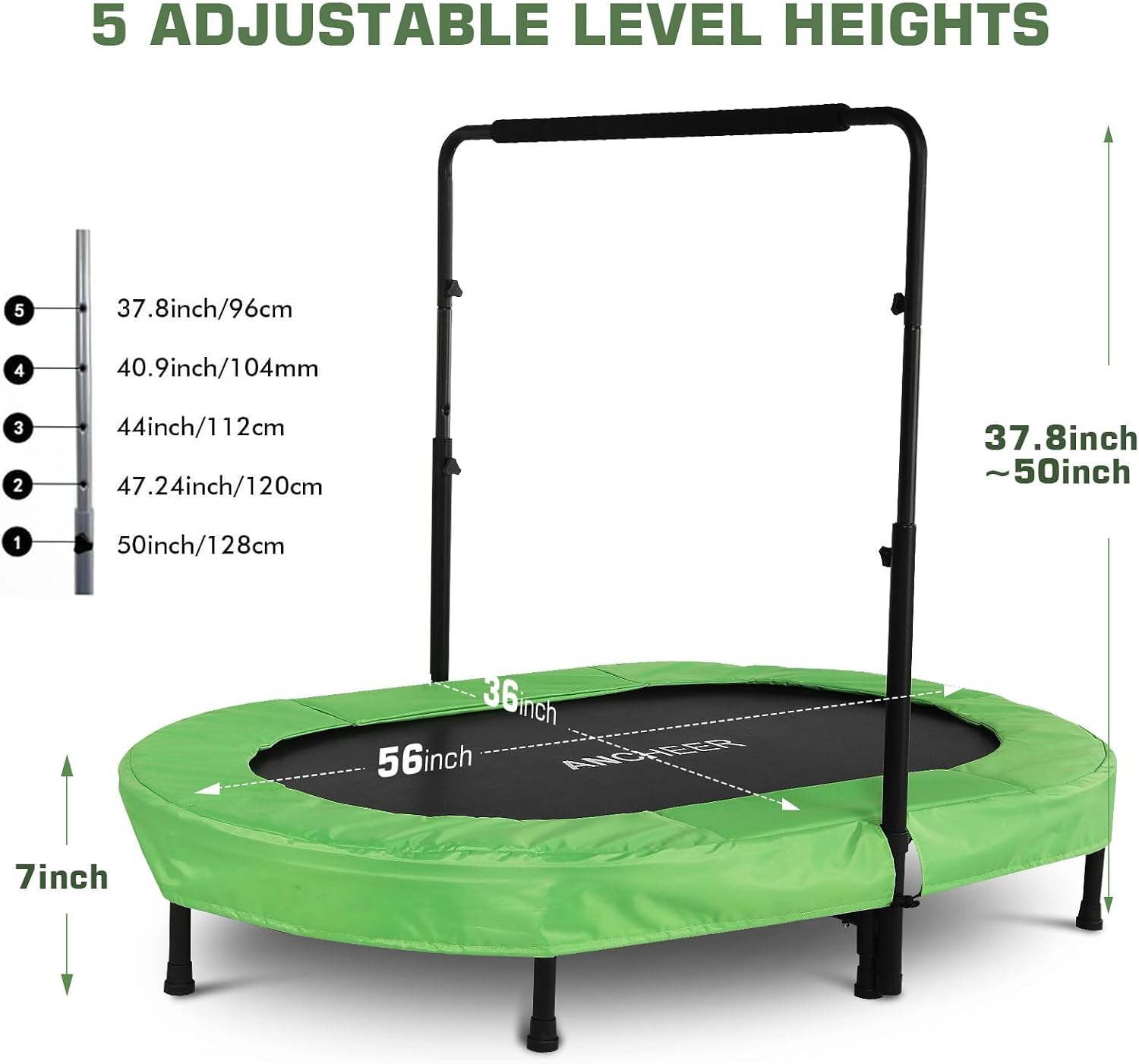 ANCHEER Trampoline for Kids, Toddler Trampoline Indoor Sports and Outdoor Games 56' Kids Rebounder 220LBS Capacity with Adjustable Safety Handrail Foldable Jumper for Boys and Girls