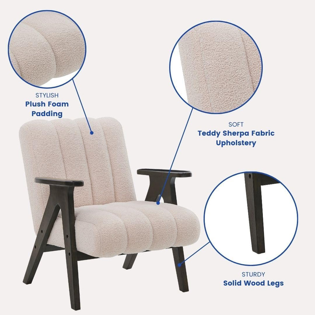 Roundhill Furniture Rella Modern Teddy Sherpa Accent Chair with Espresso Wood Frame, Beige