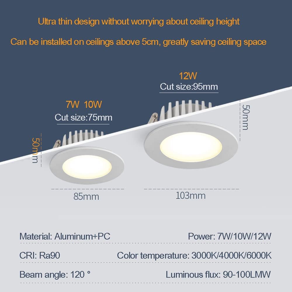 5 Pack Round Recessed IP65 Waterproof for Bathroom Baffle Trim 90-100 Lumens/W,7W/10W/12W Ceiling Spotlight Indoor Ceiling Decor Lamp (12w 6000K)