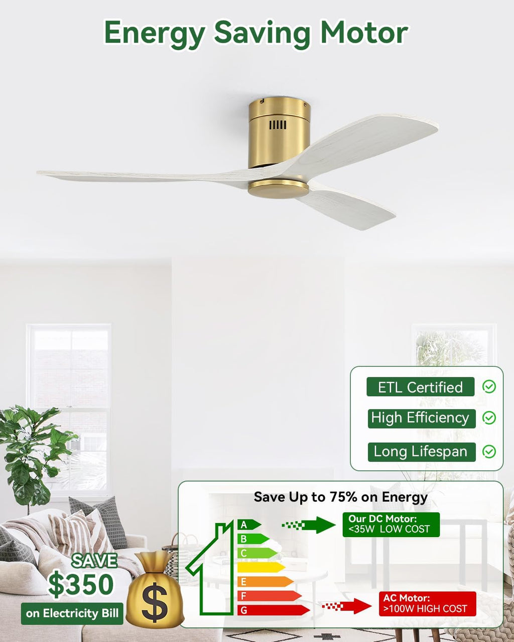 Sofucor 52' Solid Wood Low Profile Flush Mount Ceiling Fan No Light, Outdoor Modern Ceiling Fan without Light works with Alexa/Google/App 6-Speed, 3-Timer, Reversible DC Motor for Living Room Bedroom