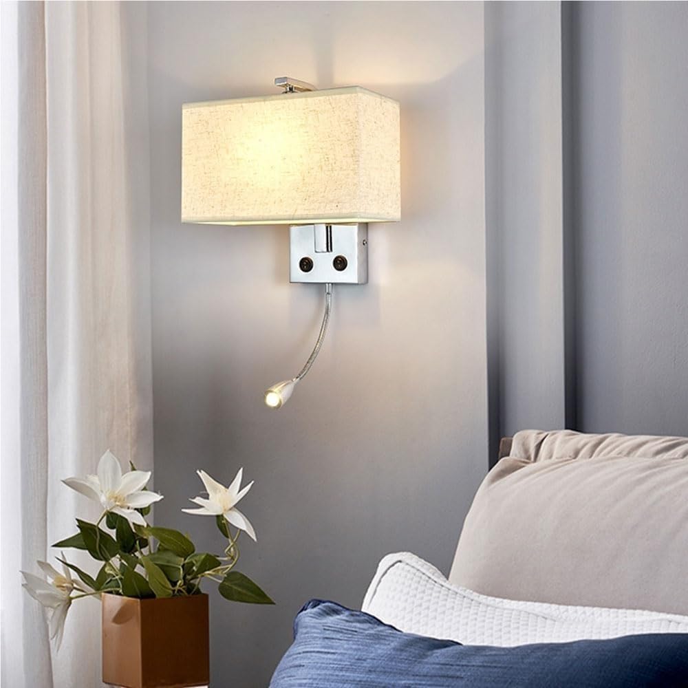 Modern Fabric Wall Sconces with Spotlight Indoor Lighting for Living Room Bedroom Dining Bathroom Dresser Wall Lamp with Switch(A)