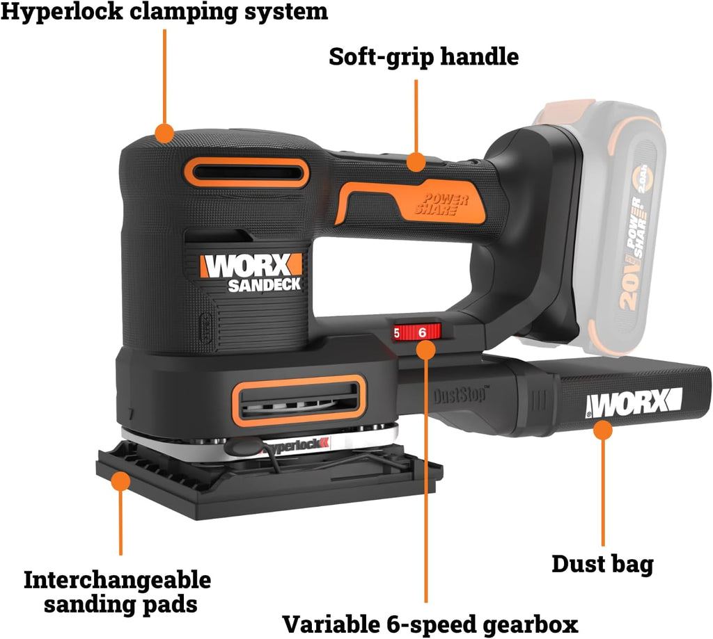 WORX Cordless Sander, 20V 10,000 orbits/minute Electric Sander, 5-in-1 Functions, Tool-less Sanding Pad Change, Tool Only, PowerShare