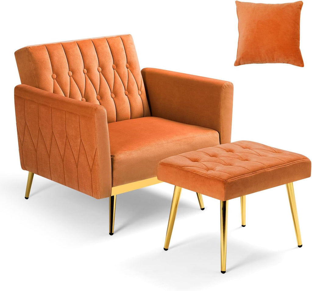 Velvet Accent Chair w/Adjustable Armrests and Backrest, Button Tufted Lounge Chair, Single Recliner Armchair with Ottoman and Pillow for Living Room, Bedroom,Orange