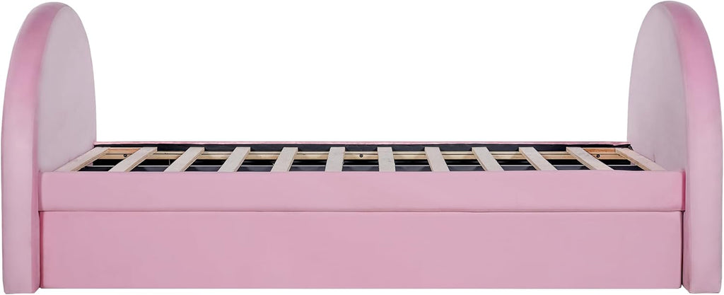 Christopher Knight Home Leonhart Velvet Upholstered Twin Size Bed Frames with Headboard/Footboard, Day Bed Frame Twin with Pull-Out Functionality, Iron Frame + Wooden Slat Trundle Bed Twin, Pink