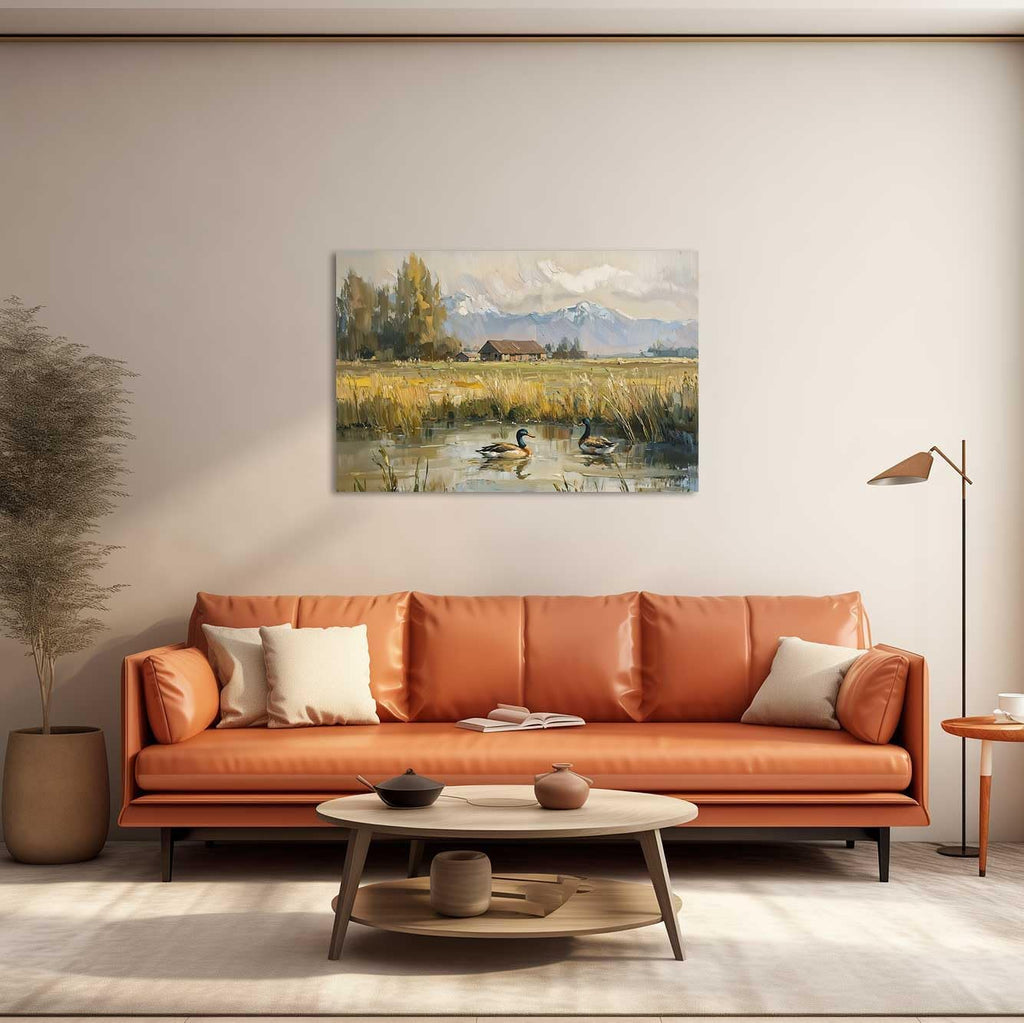 ZXHYWYM Mallard Duck Wall Art Vintage Animal Pictures Farmhouse Countryside Landscape Canvas Painting Duck in Pond Poster Prints Rustic Cabin Wall Decor (28' x 42')