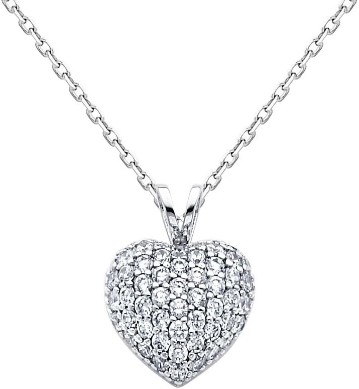 14k White Gold Love Heart CZ Pendant with 1.1mm Cable Chain Necklace