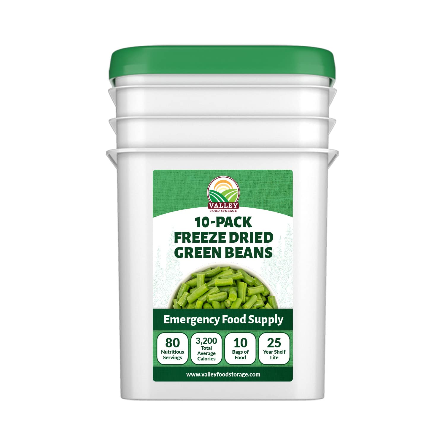 Valley Food Storage Freeze Dried Green Beans | 10-Bag Bucket, 28.2 oz | Premium Emergency Food Supply, 25 Year Shelf Life | Non-GMO Prepper Food for Camping, Cooking & Long-Term Storage, Packaged in USA