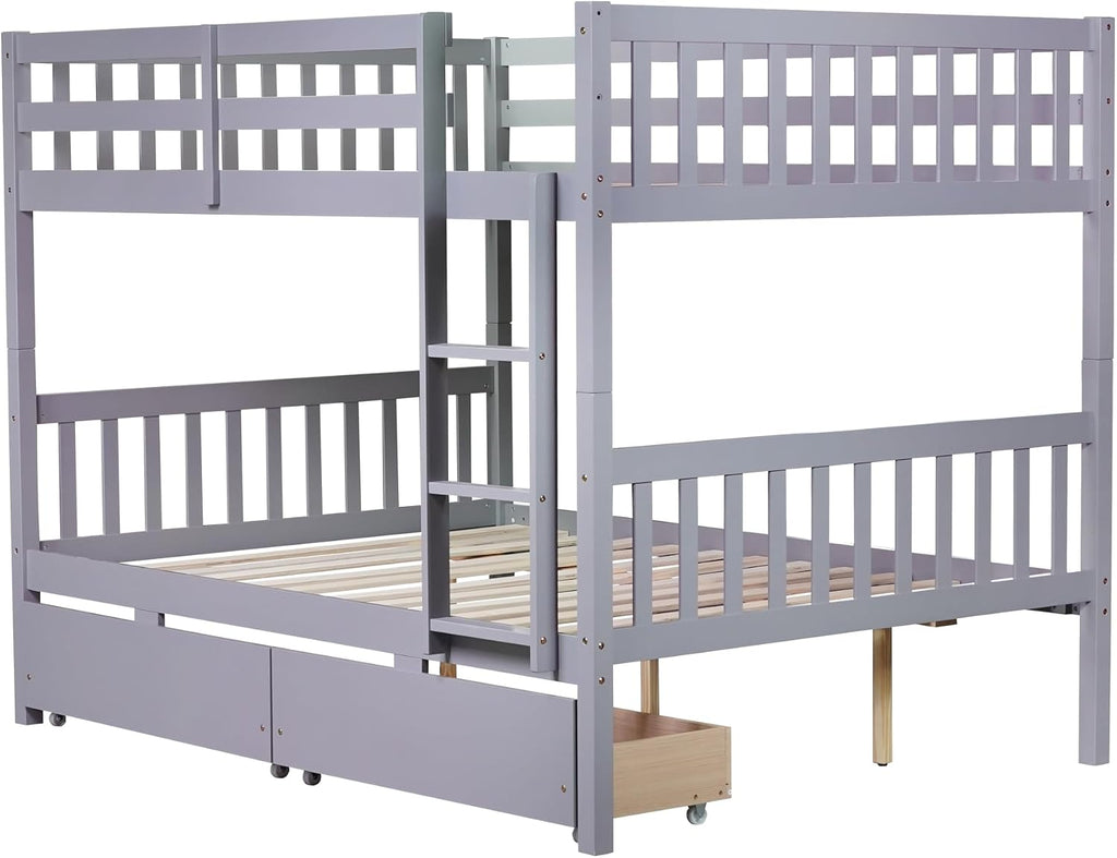 PVWIIK Full Over Full Wood Bunk Bed with 2 Drawers & Ladder for Adult Teenagers Kids Bedroom Dorm Guest Room,Convertible into 2 Full Beds Frame/Under Bed Space/No Box Spring Required,Grey