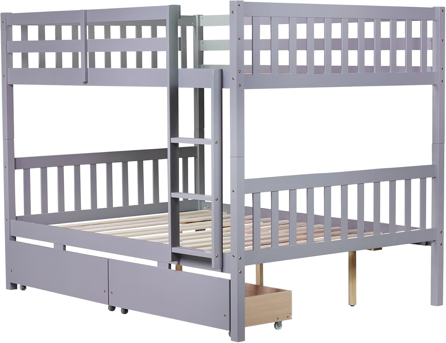 PVWIIK Full Over Full Wood Bunk Bed with 2 Drawers & Ladder for Adult Teenagers Kids Bedroom Dorm Guest Room,Convertible into 2 Full Beds Frame/Under Bed Space/No Box Spring Required,Grey