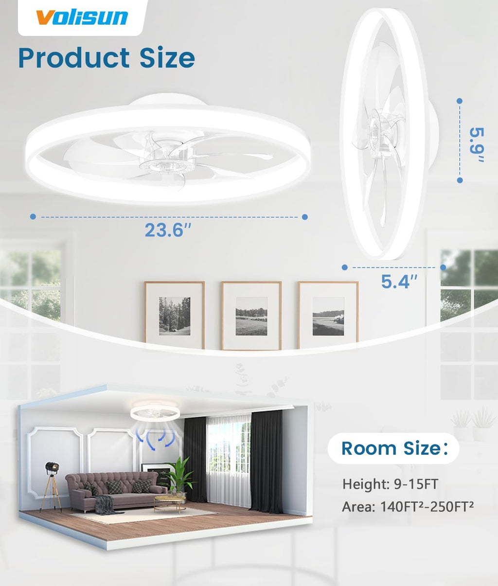 VOLISUN Low Profile Ceiling Fans with Lights and Remote, 24in Fandelier Ceiling Fan Flush Mount, 3000K-6500K Smart Bladeless LED Fan Light, White Modern Ceiling Fans with Lights for Bedroom