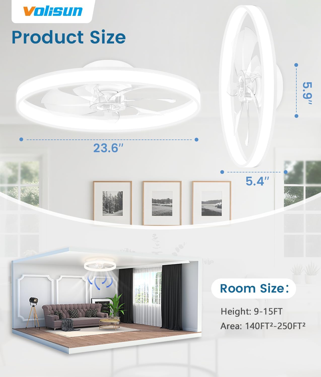 VOLISUN Low Profile Ceiling Fans with Lights and Remote, 24in Fandelier Ceiling Fan Flush Mount, 3000K-6500K Smart Bladeless LED Fan Light, White Modern Ceiling Fans with Lights for Bedroom