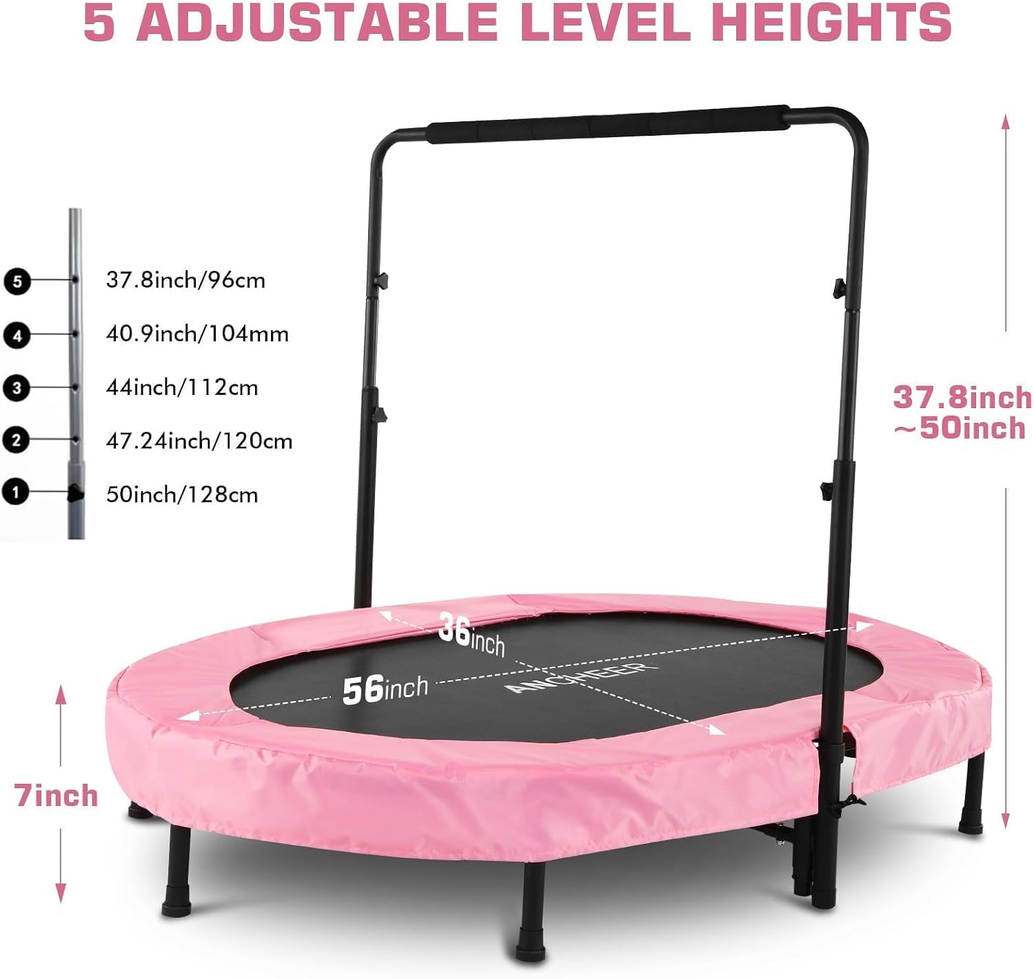 ANCHEER Trampoline for Kids, Toddler Trampoline Indoor Sports and Outdoor Games 56' Kids Rebounder 220LBS Capacity with Adjustable Safety Handrail Foldable Jumper for Boys and Girls
