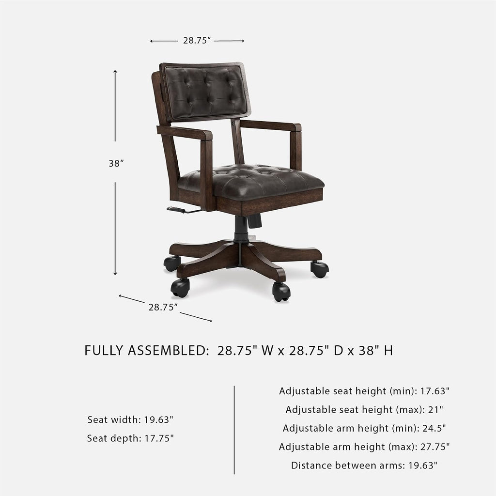 Signature Design by Ashley Breckington Contemporary Faux Leather Tufted Home Office Desk Chair with Adjustable Height and Casters, Solid Wood, 28.75' W x 28.75' D x 38' H, Dark Brown