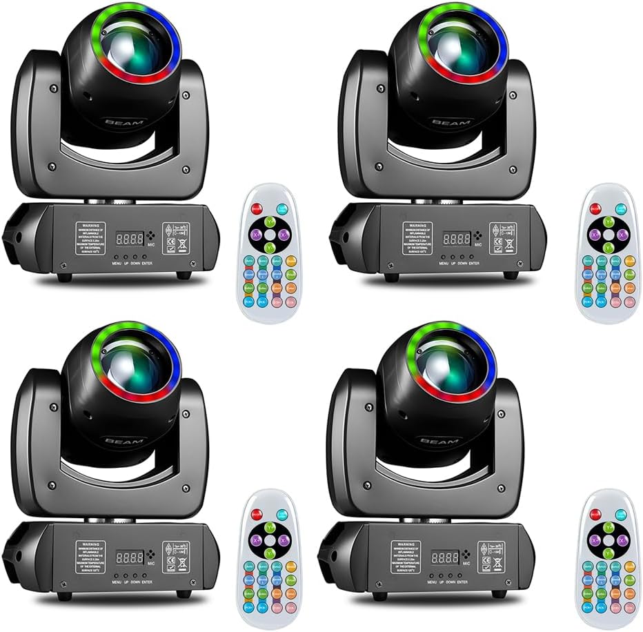 MINGJIE Moving Head Light, 120W Professional DJ Led Stage Light, Beam Spotlight 110000Lux with 8 Gobos & 8 Colors, DMX512 & Sound Activated & Remote Control for Club, Disco, Party,Bar,Show(4PCS)