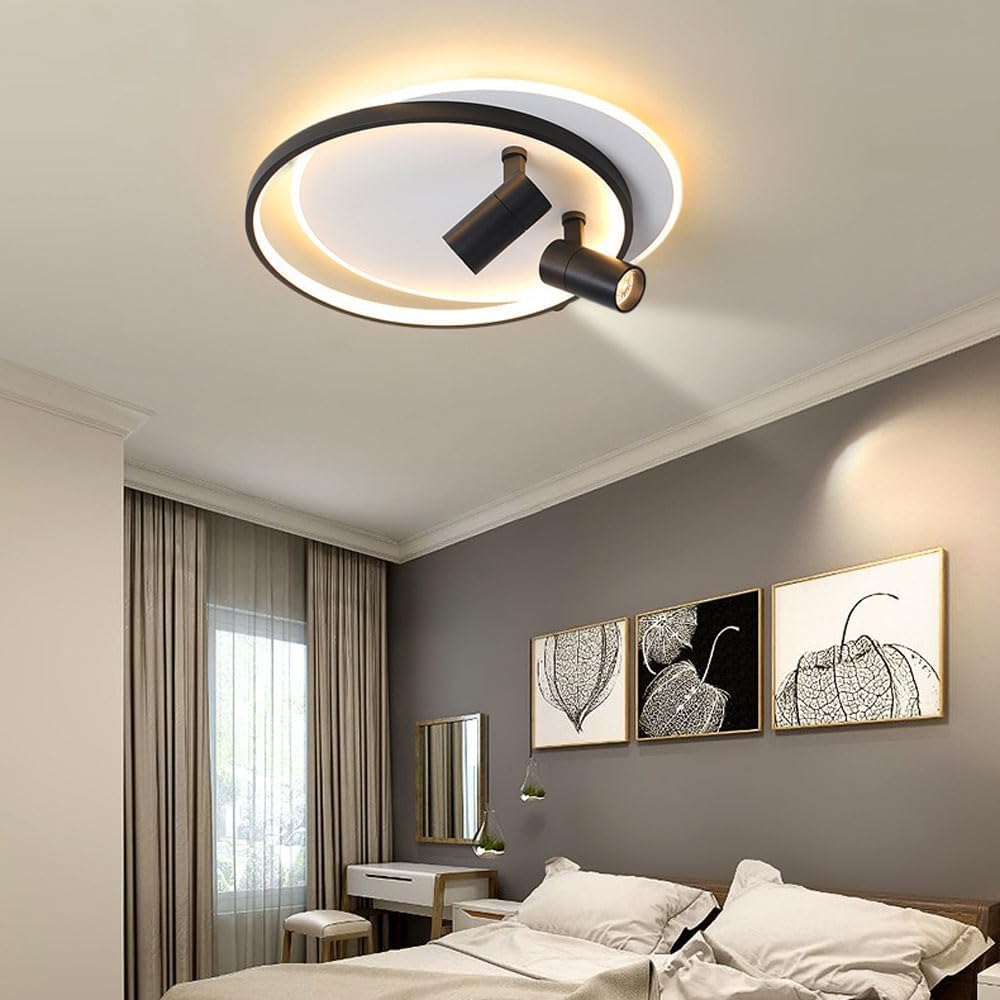 Modern LED Ceiling Light with 2 Spotlights, Dimmable Ring Ceiling Lighting Fixture with Remote Control, Indoor Flush Mount Ceiling Lamp for Bedroom Hallway Dining Room Entryway Kitchen