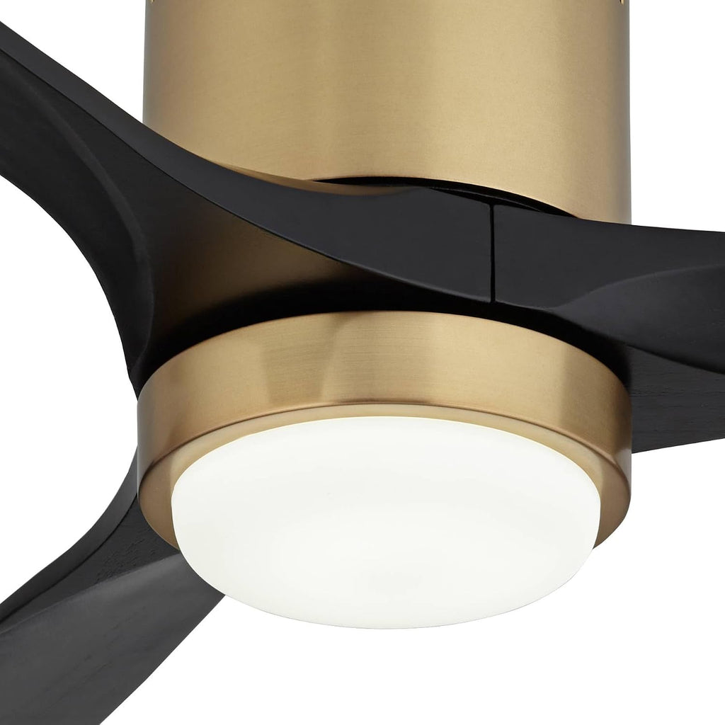 Casa Vieja 52' Windspun Modern Indoor Ceiling Fan 3 Blade LED Light Remote Control Soft Brass Finish Motor Matte Black Finish Wood Blades Bedroom Living Room Office Hugger DC Motor Flush Mount