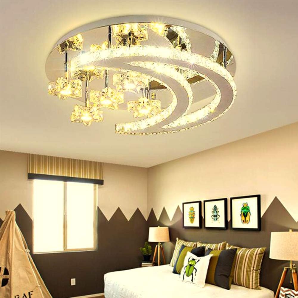 Modern Crystal Dimmable Ceiling Light with Stars and Moon Chandelier Remote Controlled for Living Room Bedroom Dining Room Corridor Balcony Indoor Lighting Spotlight