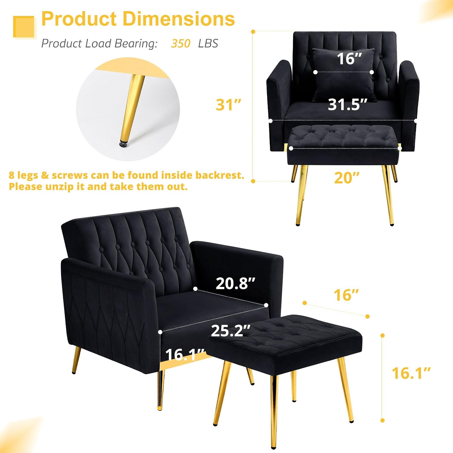 Velvet Accent Chair with Adjustable Armrests and Backrest, Button Tufted Lounge Chair, Single Recliner Armchair with Ottoman and Pillow for Living Room, Bedroom, Black