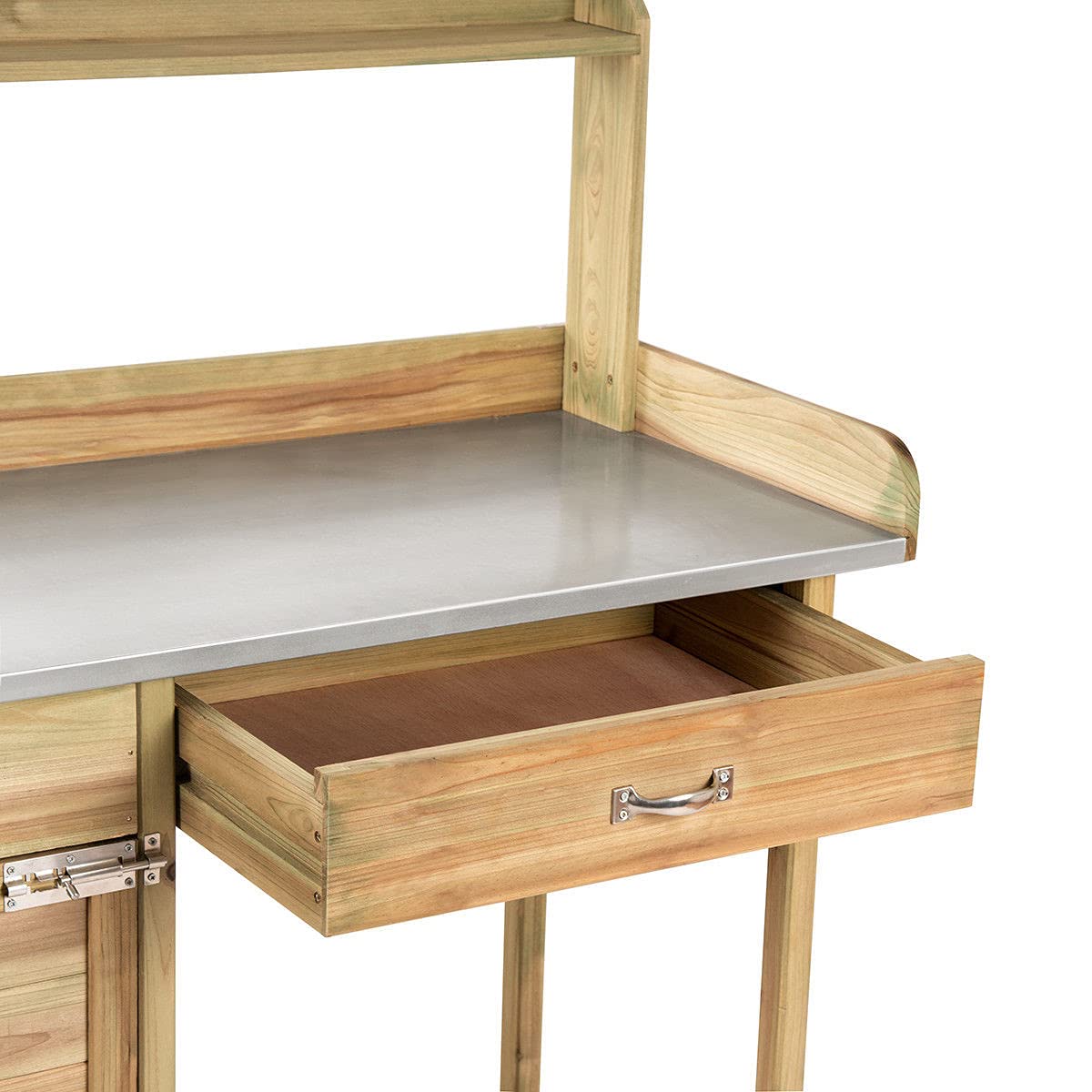 Natural Wooden Outdoor Planting Cabinet Garden Potting Bench Workbench Table Storage Cabinet Compartment Drawer Open Shelf 3 Side Hooks Metal Spacious Tabletop Gardening Supplies Tools Storage