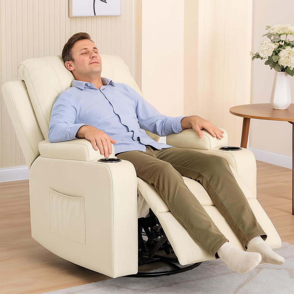COMHOMA Recliner Chair,PU Rocking Chair for Adults,Swivel Recliner with Cup Holders,Single Sofa Seat with Side Pockets for Living Room,Bedroom(White)