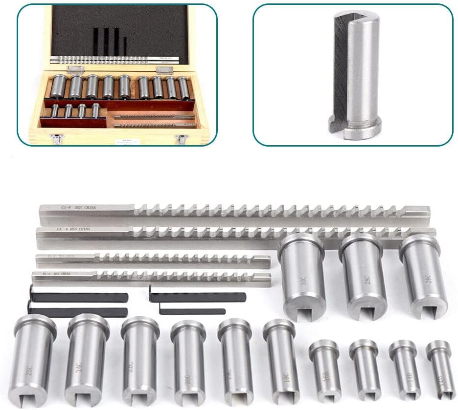HSS Metric Keyway Broach Set, 22pcs Keyway Broach Collared Bushing Shim Set Metric Size Metal Processing Tool 4/5/6/8mm