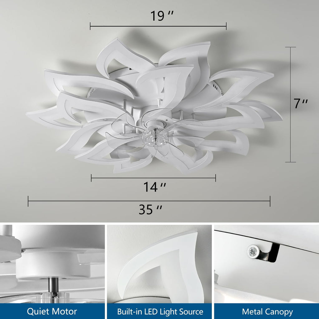 Dalouguan 35' White Modern Ceiling Fan with Lights Remote Control, 6 Speeds 3 Light Color Low Profile Flush Mount Ceiling Fan with light for Kitchen Living Room