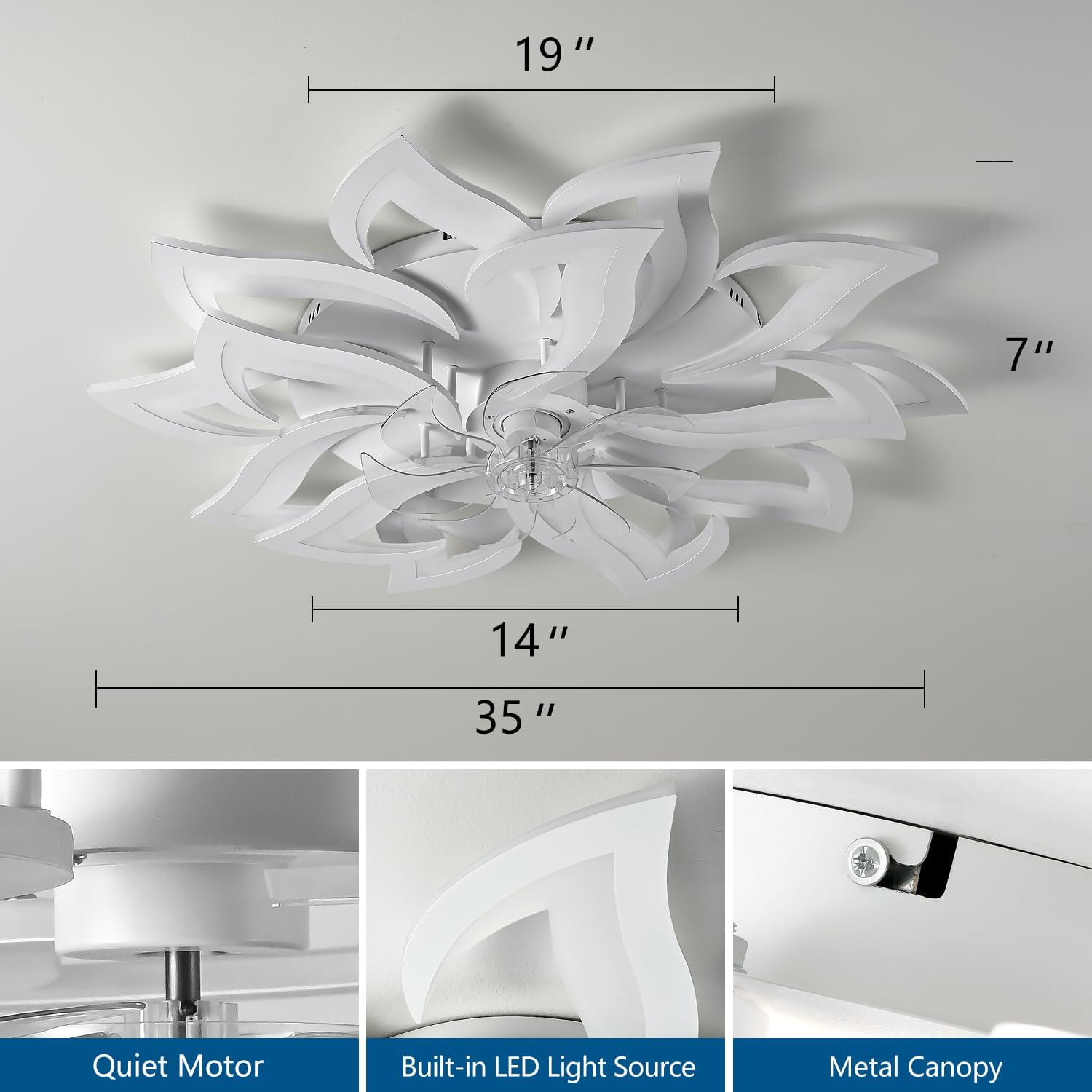 Dalouguan 35' White Modern Ceiling Fan with Lights Remote Control, 6 Speeds 3 Light Color Low Profile Flush Mount Ceiling Fan with light for Kitchen Living Room