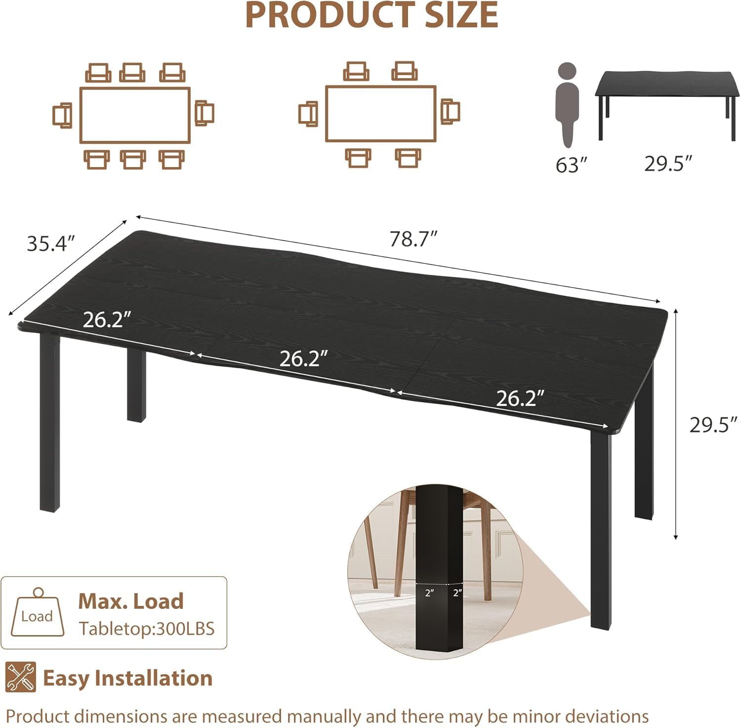 Dining Table for 6-8, 79 Inch Rectangular Kitchen Table with Wave Irregular Edge, Sturdy Metal Legs,Industrial Wooden Long Table for Dining Room, Home Office, Black