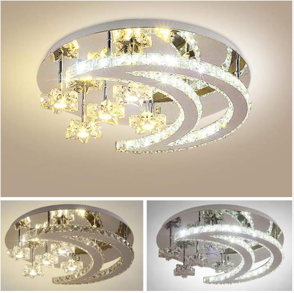Modern Crystal Dimmable Ceiling Light with Stars and Moon Chandelier Remote Controlled for Living Room Bedroom Dining Room Corridor Balcony Indoor Lighting Spotlight