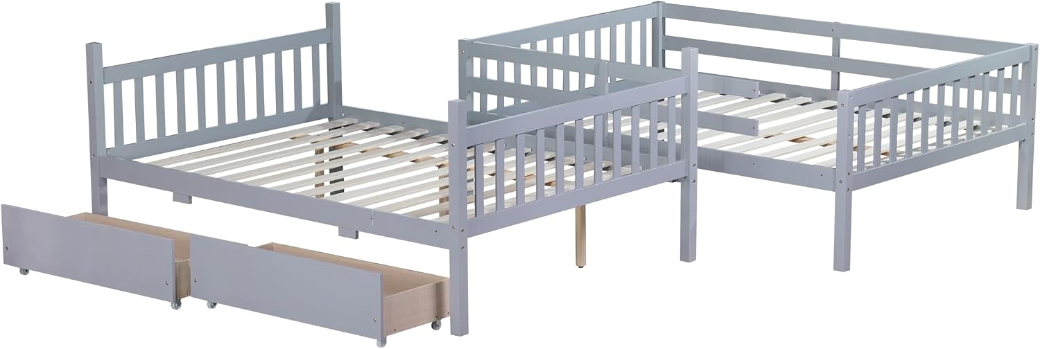 PVWIIK Full Over Full Wood Bunk Bed with 2 Drawers & Ladder for Adult Teenagers Kids Bedroom Dorm Guest Room,Convertible into 2 Full Beds Frame/Under Bed Space/No Box Spring Required,Grey