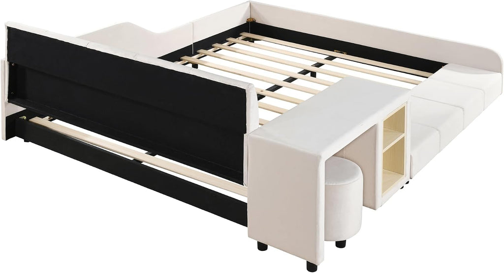 Merax Full Size Velvet Bed Frames Upholstered Grounded Bed, Wooden Mother & Child Bed with Bedside Desk and Little Round Stool,Kids Adults Bedroom Floor Platform Bed,Beige