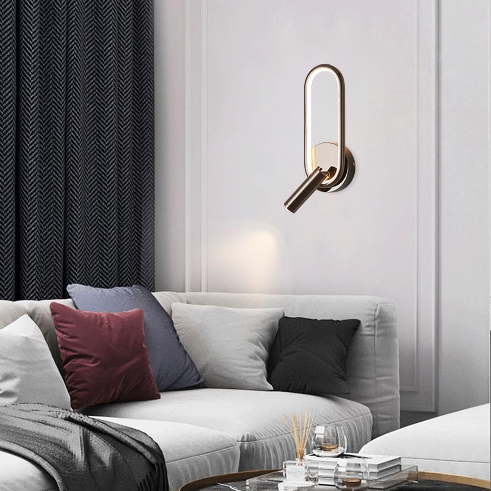 Modern Ring LED Wall Light, Metal Linear Wall Lamps with Swivel Spotlight, Indoor Wall Lighting Fixtures, 3-Color Temperature Wall Mounted Lamp for Living Room Bedroom Porch Hallway Bedside (Black)