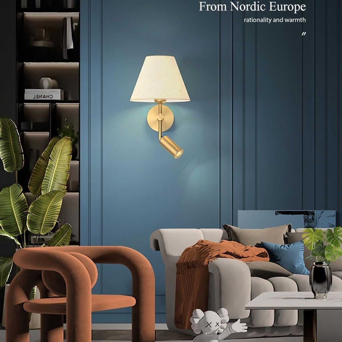 White Fabric Wall Light Modern Brass Reading All Copper Lamps Bedside Sconce with Spotlight Indoor Mounted E27 Base Lighting for Living Room Restaurant Loft Kitc Oldsix-66