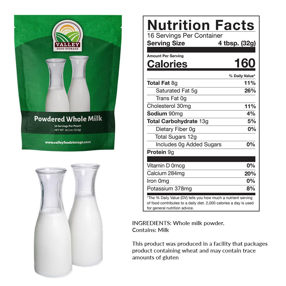 Valley Food Storage Whole Milk Powder | Contains Vitamin A & Vitamin D | Powdered Milk Long Term Storage, 25 Year Shelf Life | Camping Food, Backpacking Meals, Prepper Supplies & Survival Food (10 Bags + Bucket)