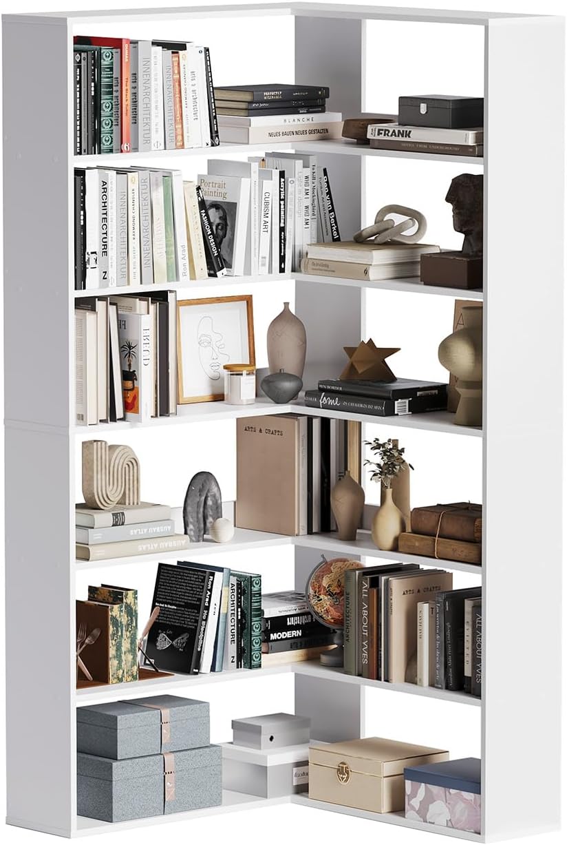 Corner Bookshelf, Freestanding L Shaped Display Shelf, 6 Tiers Bookcase with Baffles, Wooden Bookcase with Storage Organizer for Home Office, Living Room, Bedroom (23.6')