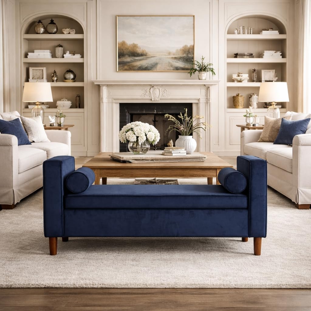 Homepop Home Decor | Upholstered Modern Storage Ottoman Bench with Pillows | Ottoman Bench with Storage for Living Room & Bedroom | Decorative Home Furniture (Navy)